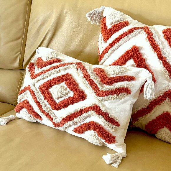 2 Sizes Burnt Orange Beige Boho Tufted Geometric Tassels Throw Pillow Cover New - Picture 2 of 9